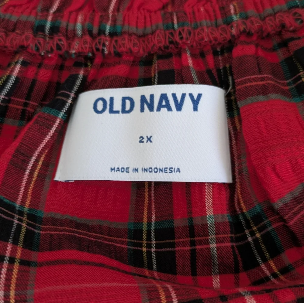 OLD NAVY Pullover Peasant Top Women 2X Red Buffalo Plaid Puff Sleeves V-neck New